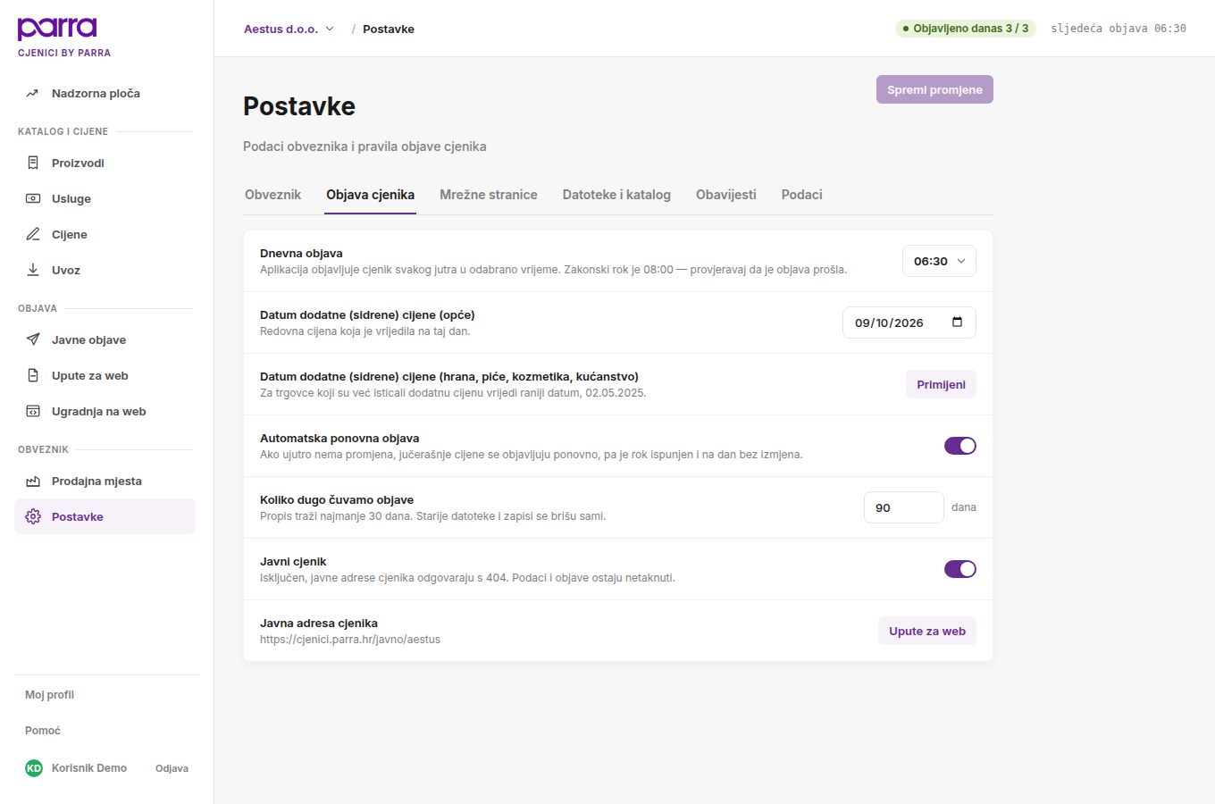 Postavke, kartica Objava cjenika