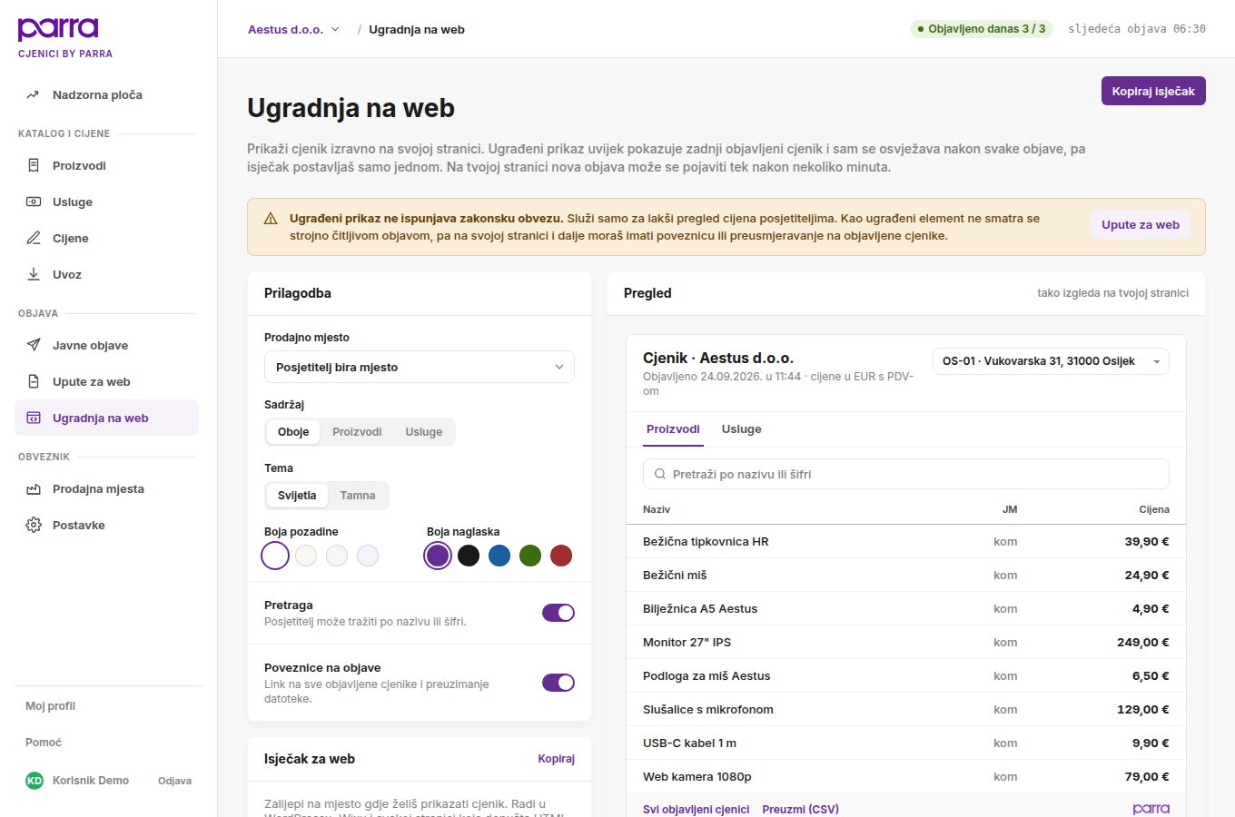 Ekran Ugradnja na web