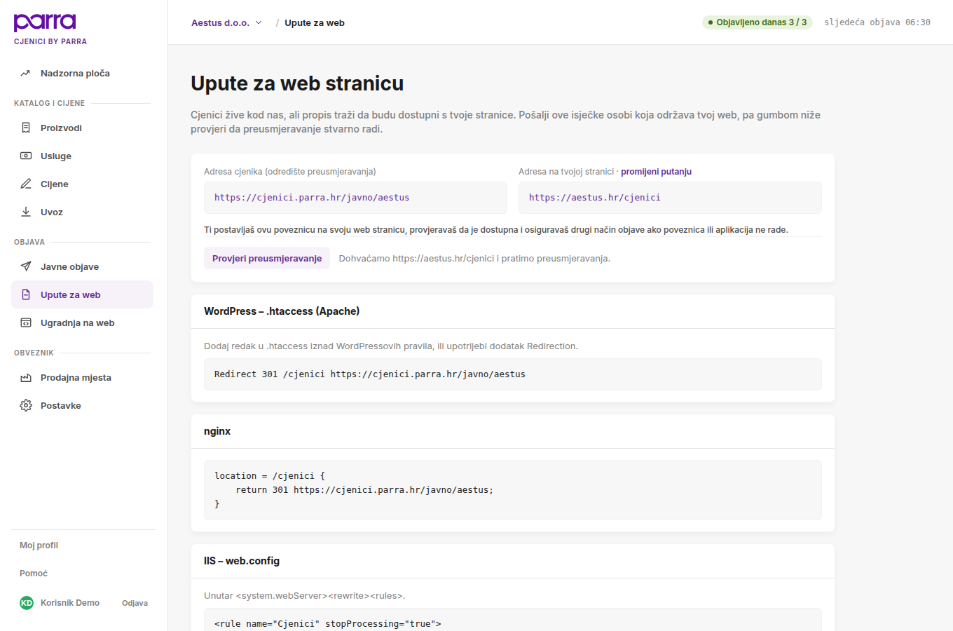 Ekran Upute za web stranicu