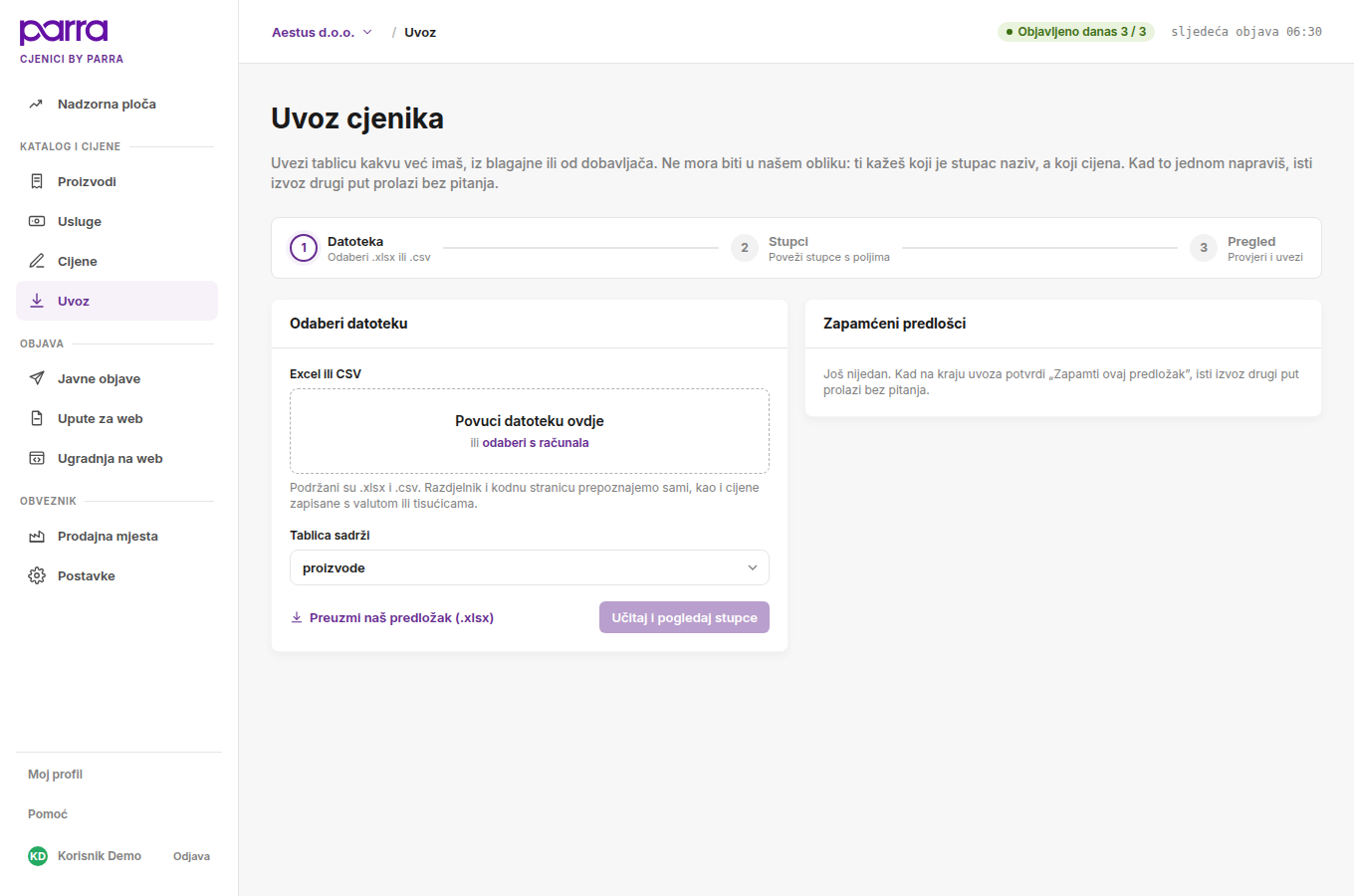 Ekran Uvoz cjenika