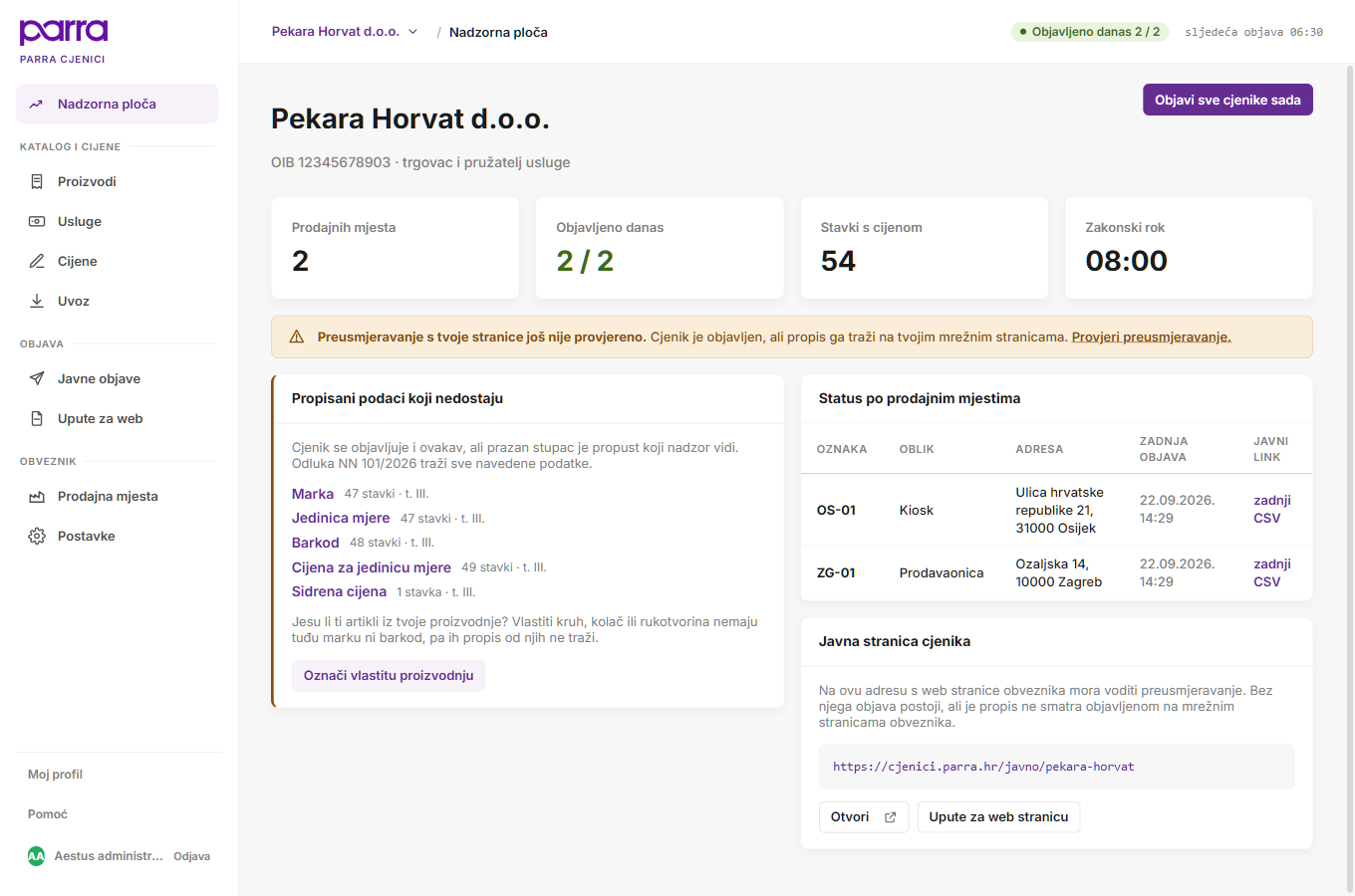 Nadzorna ploča sa statusom objave po objektima